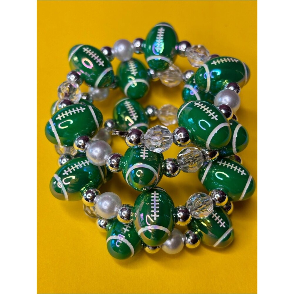 Green Football Bead Stretch Bracelet - Women's Game Day Jewelry